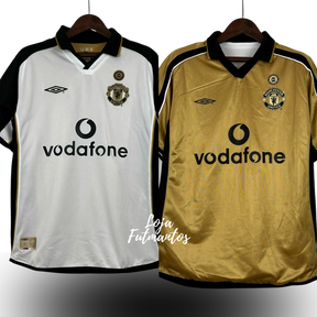 Camisa Manchester United 01/02 Modelo Retrô 100 Anos Masculina- Braca e preta, Dourada e Preta Dupla Face | Futmantos